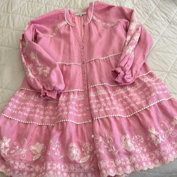 Hale Bob Pink Long Sleeve Linen Blend Dress embroidered Size XL - Picture 7 of 16